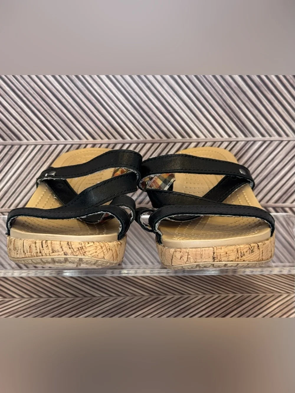 CROCS A-Leigh Mini Wedge Sandal Black Leather straps Cork Wrapped Platform